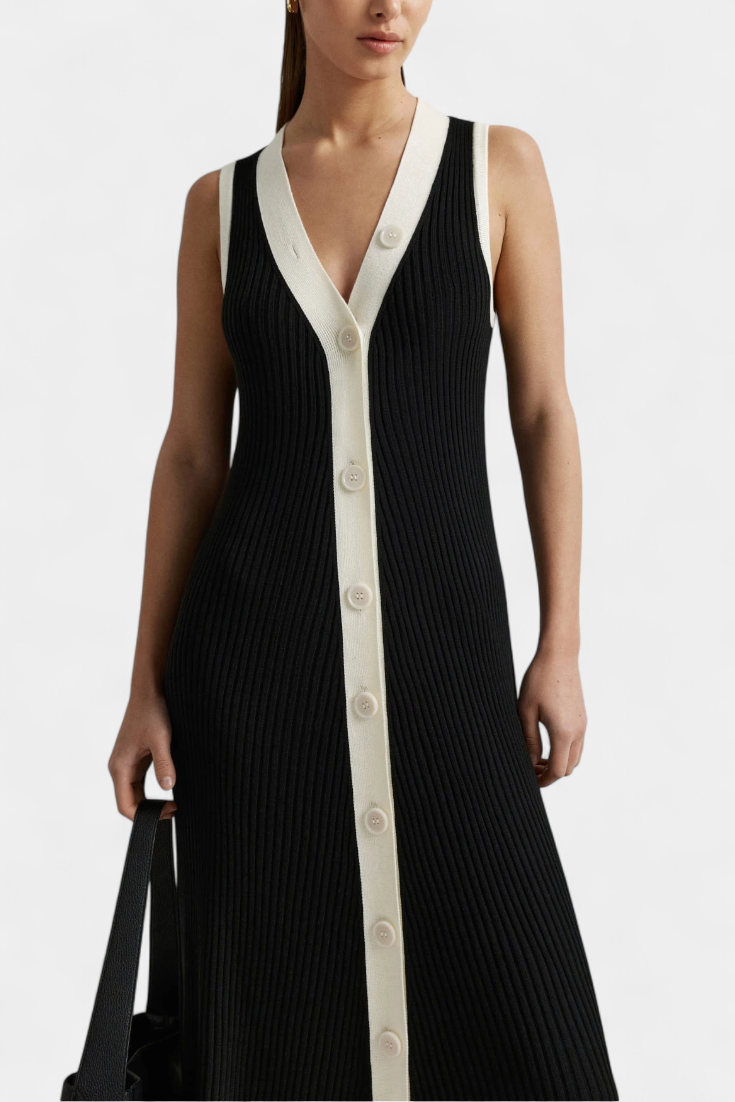 Elaine | Sleeveless Ribbed Maxi Dress with Contrast Buttons