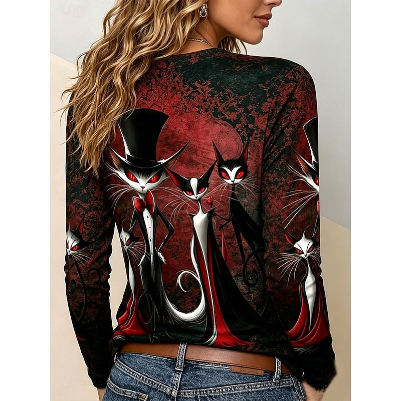 Rhiannon | Halloween Gothic Cat Graphic Long-Sleeve Top