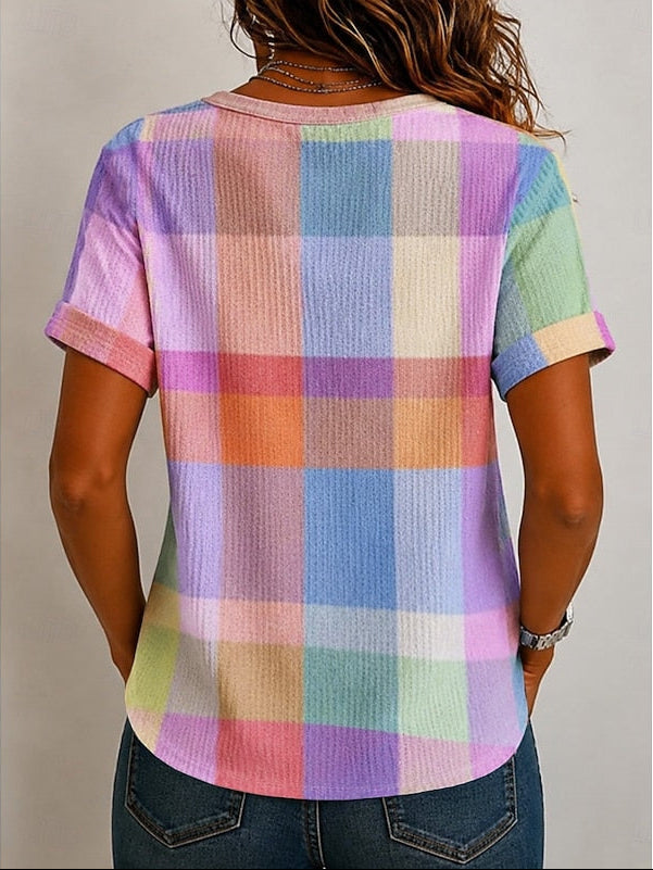 Melanie | Checked Button-Neck T-Shirt