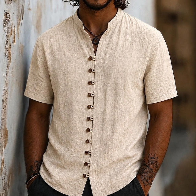 Atticus | Men's Linen Band Collar Short Sleeve Shirt