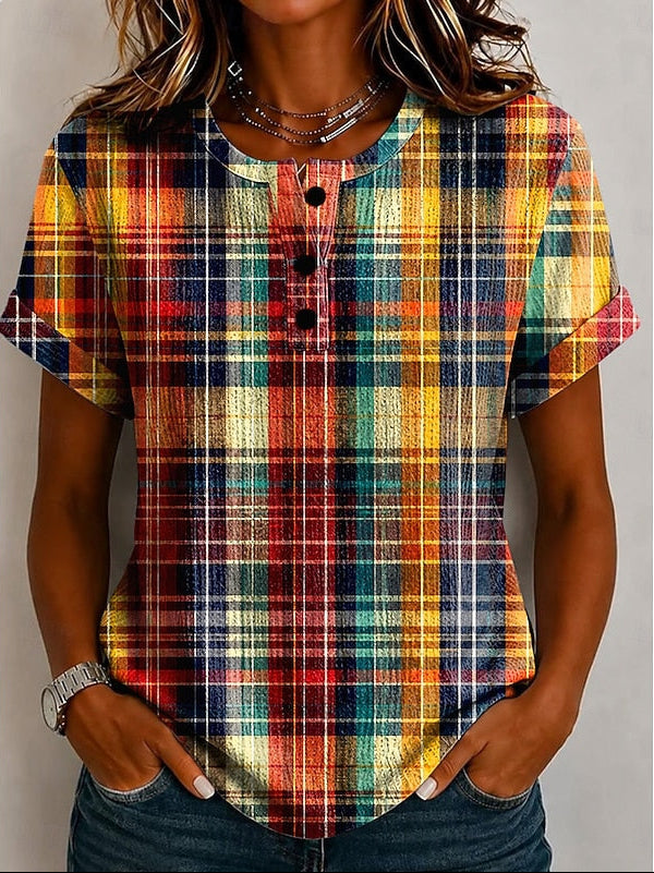 Melanie | Checked Button-Neck T-Shirt