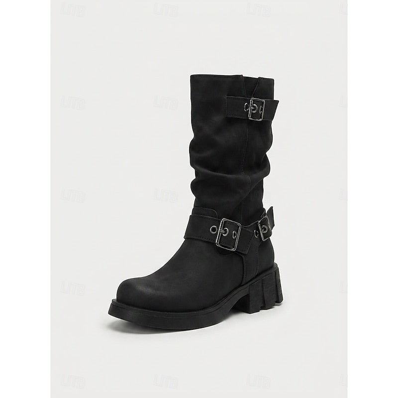 Tamara | Buckle-Strap Mid-Calf Biker Boots