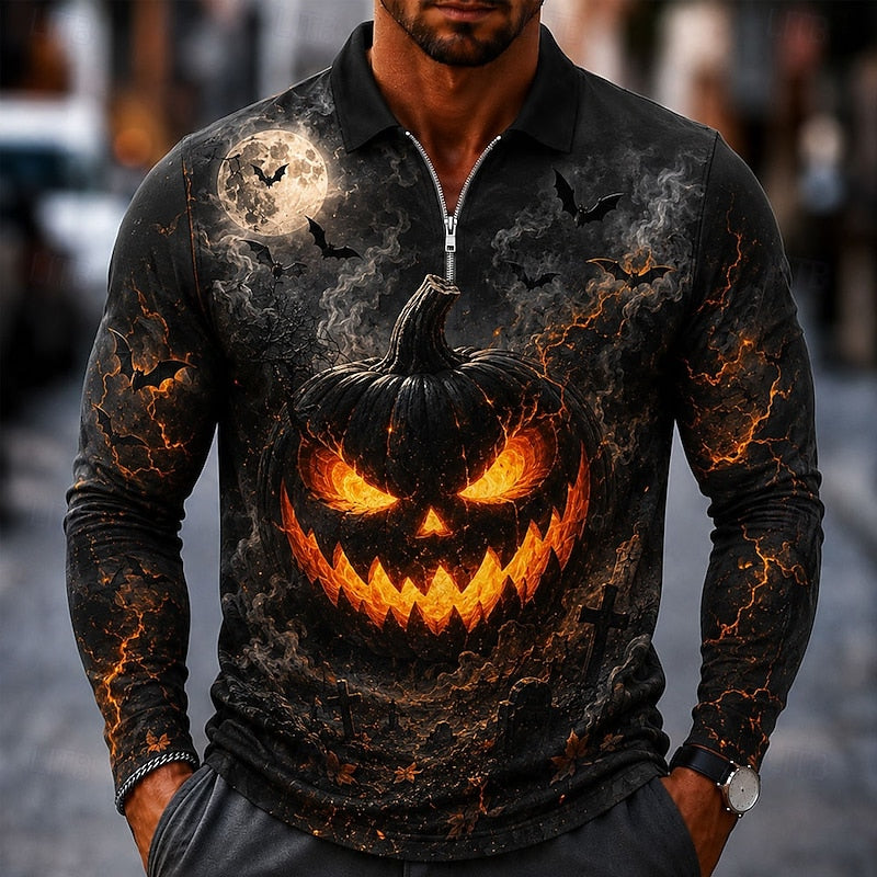 Griffin | Halloween Flaming Pumpkin Zip Polo Shirt