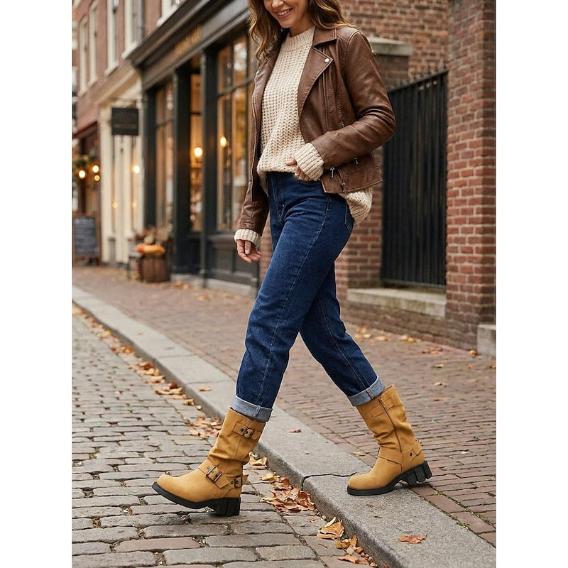 Tamara | Buckle-Strap Mid-Calf Biker Boots