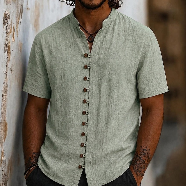 Atticus | Men's Linen Band Collar Short Sleeve Shirt