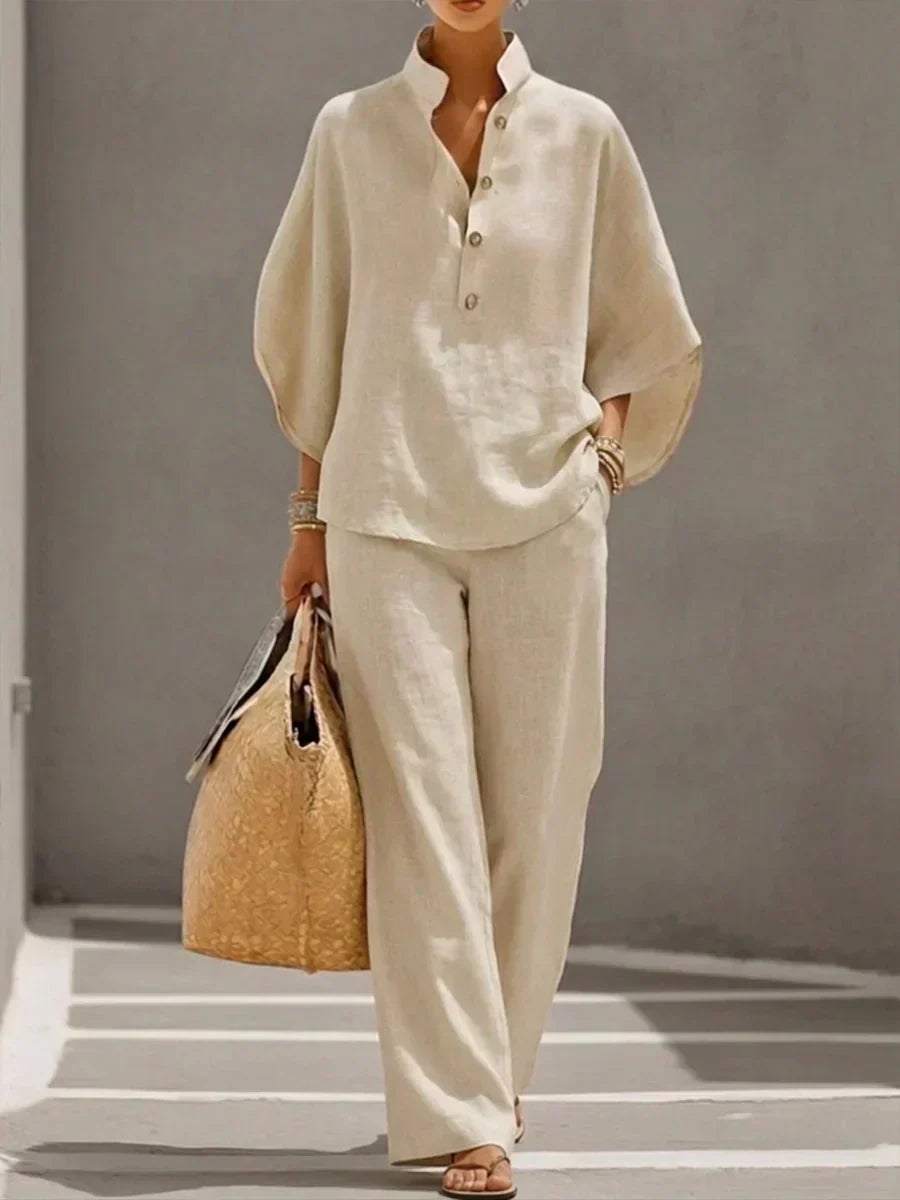 Laura | Women's Linen Batwing Top & Wide-Leg Trouser Set