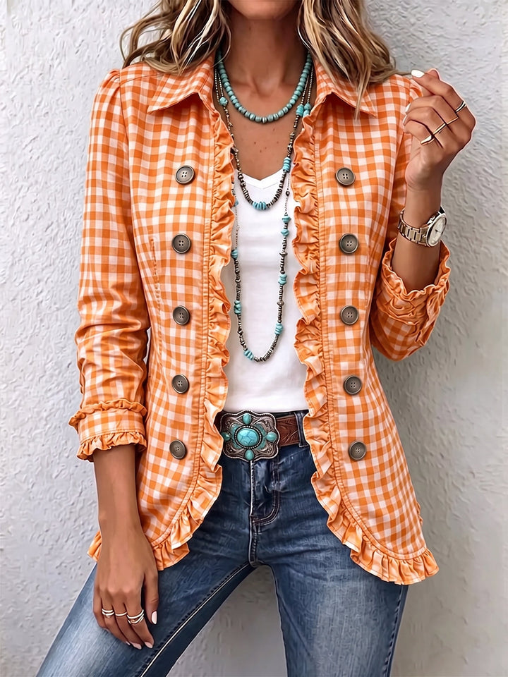 Hazel | Gingham Ruffle-Trim Button Jacket