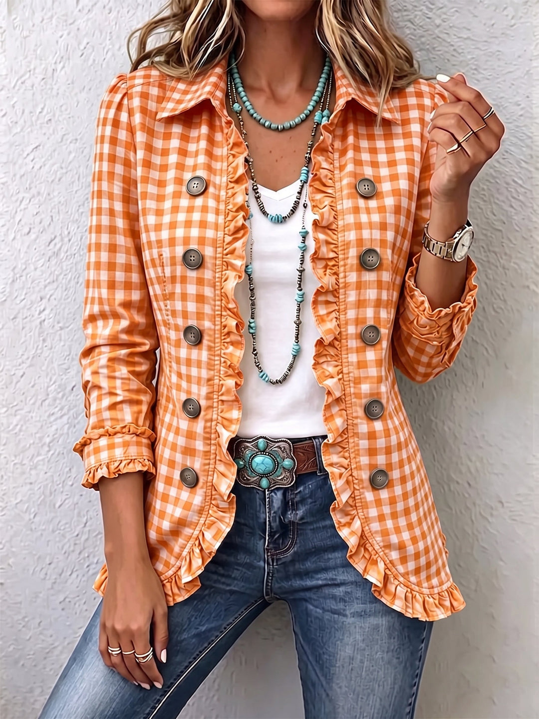 Hazel | Gingham Ruffle-Trim Button Jacket