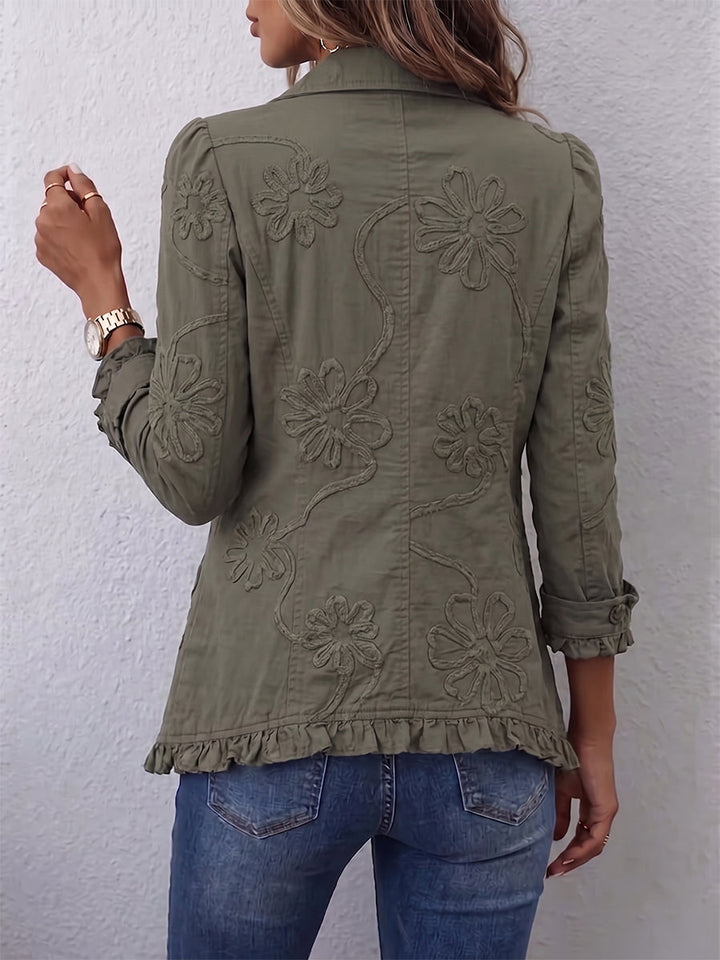 Amara | Floral-Embroidered Ruffled Utility Jacket