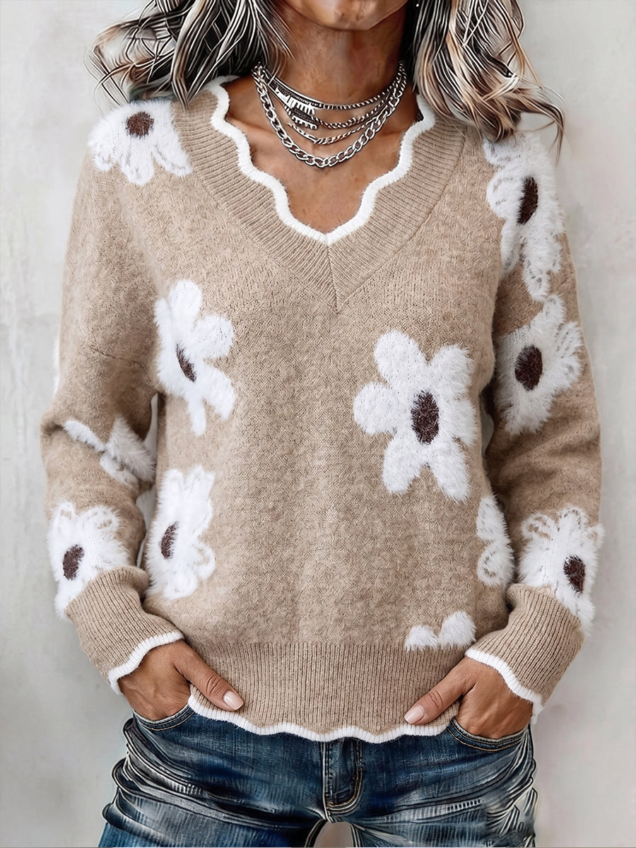 Carlotta | Floral Scalloped V-Neck Sweater