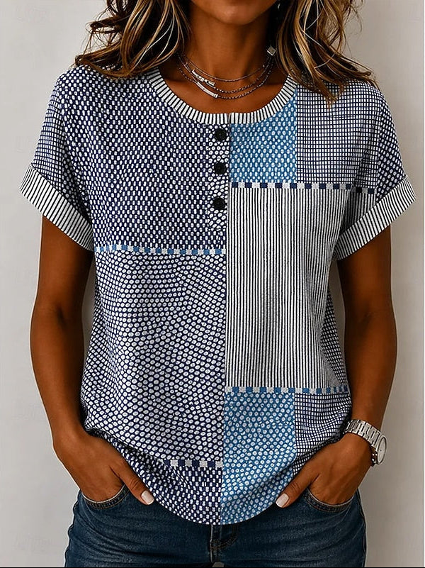 Melanie | Checked Button-Neck T-Shirt
