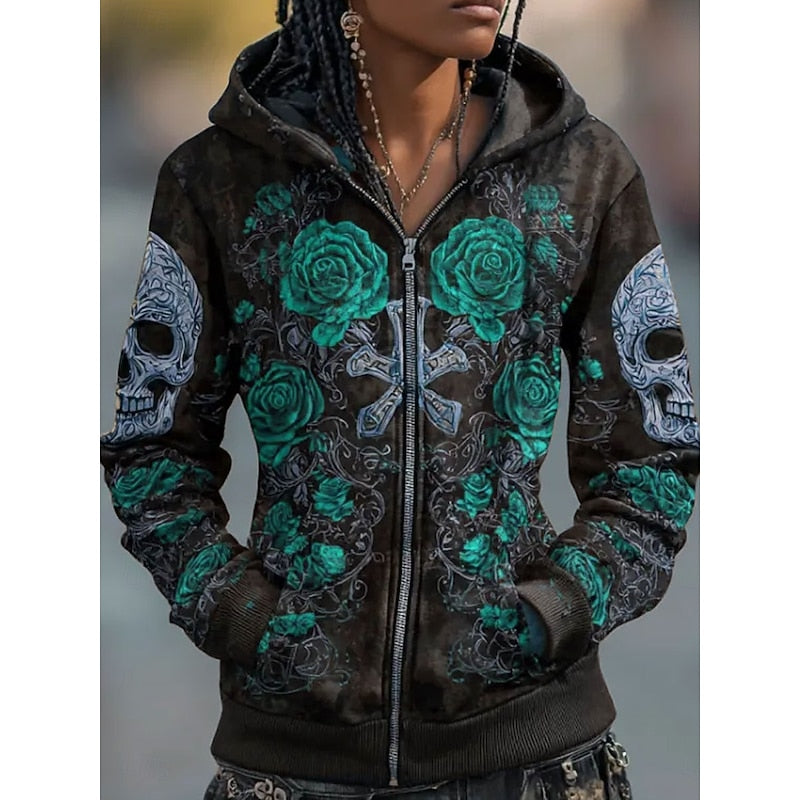 Seraphine | Halloween Skull & Rose Zip-Up Hoodie