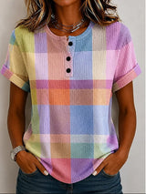 Melanie | Checked Button-Neck T-Shirt