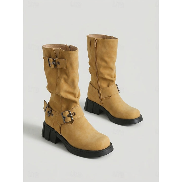 Tamara | Buckle-Strap Mid-Calf Biker Boots