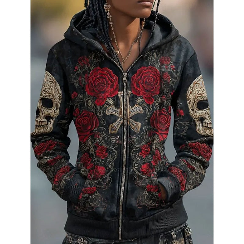 Seraphine | Halloween Skull & Rose Zip-Up Hoodie