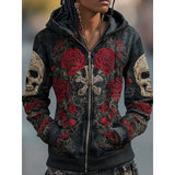 Seraphine | Halloween Skull & Rose Zip-Up Hoodie