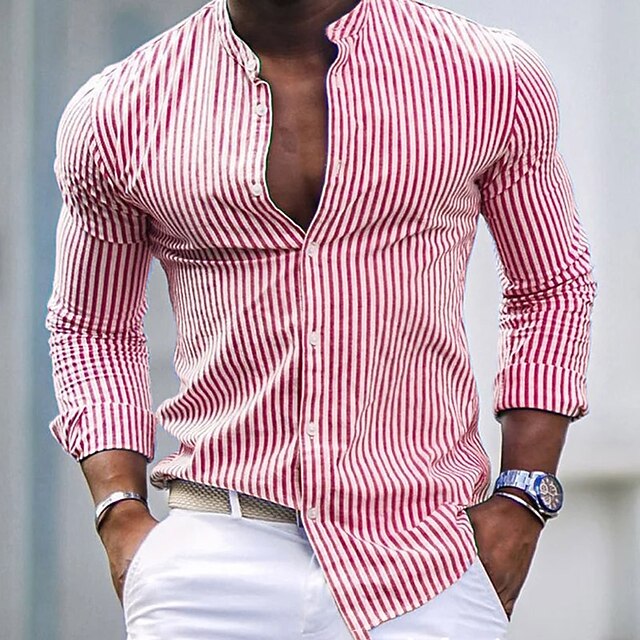 Wade | Men's Band Collar Striped Long Sleeve Shirt
