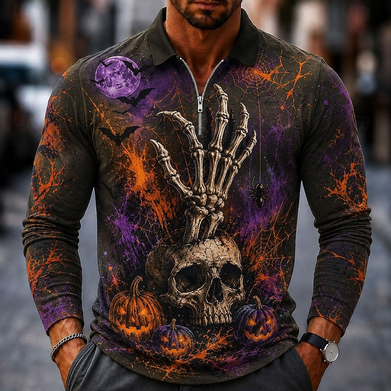 Griffin | Halloween Flaming Pumpkin Zip Polo Shirt