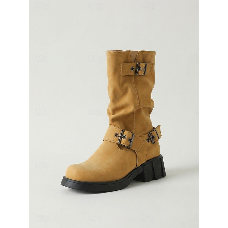 Tamara | Buckle-Strap Mid-Calf Biker Boots