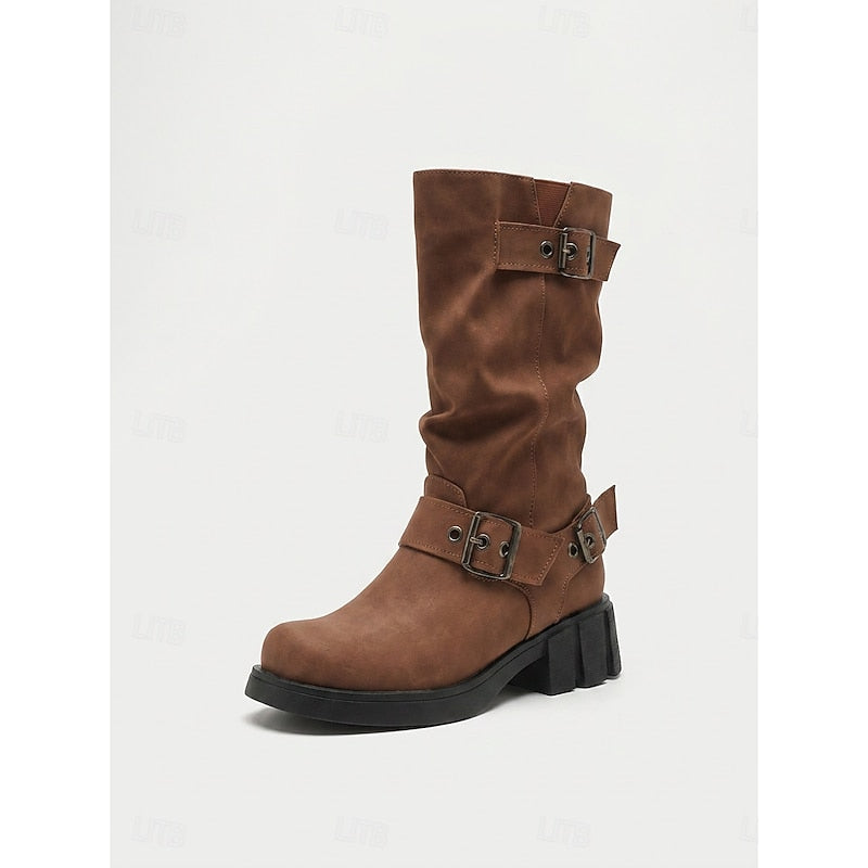 Tamara | Buckle-Strap Mid-Calf Biker Boots