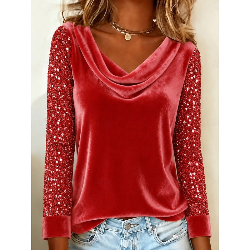 Corinne | Shimmer-Sleeve Cowl Neck Top
