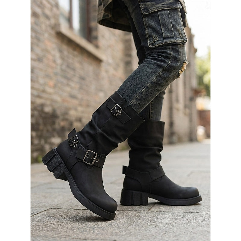 Tamara | Buckle-Strap Mid-Calf Biker Boots