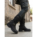 Tamara | Buckle-Strap Mid-Calf Biker Boots