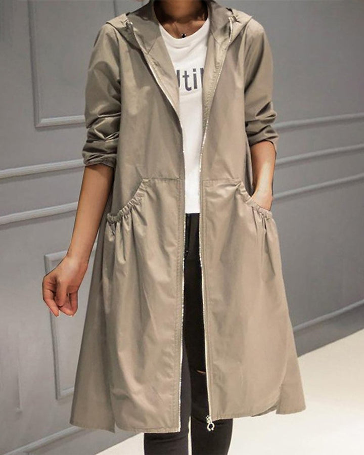 Kathleen | Hooded Zip-Up Long Trench Coat
