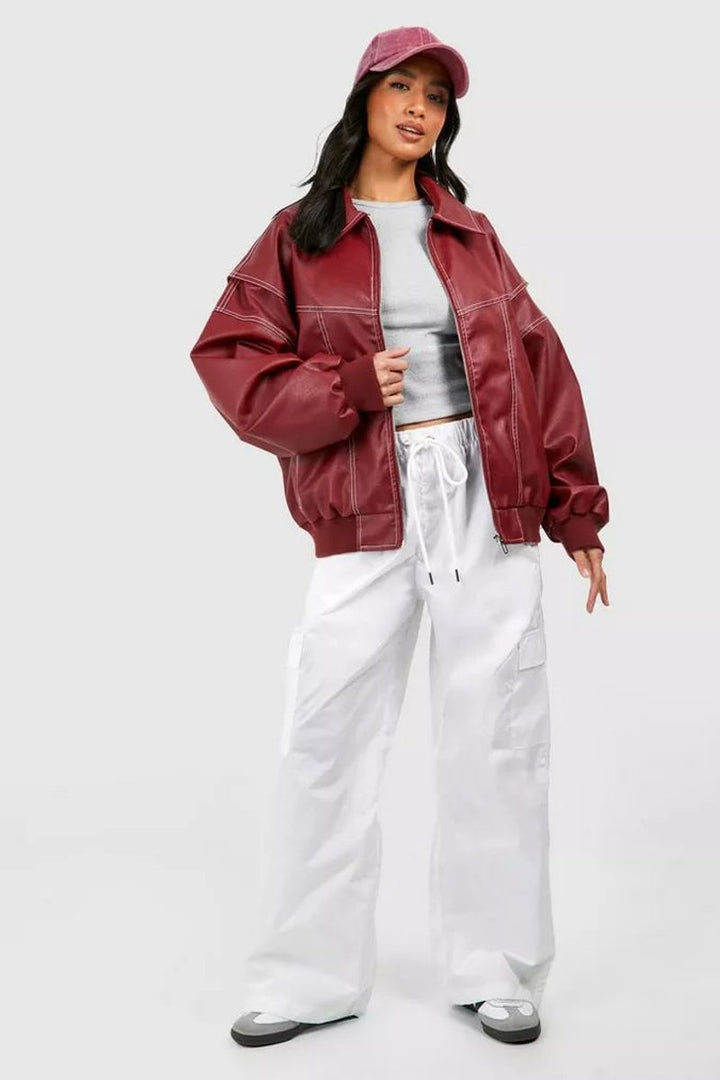 Renée | Oversized Contrast-Stitch Bomber Jacket