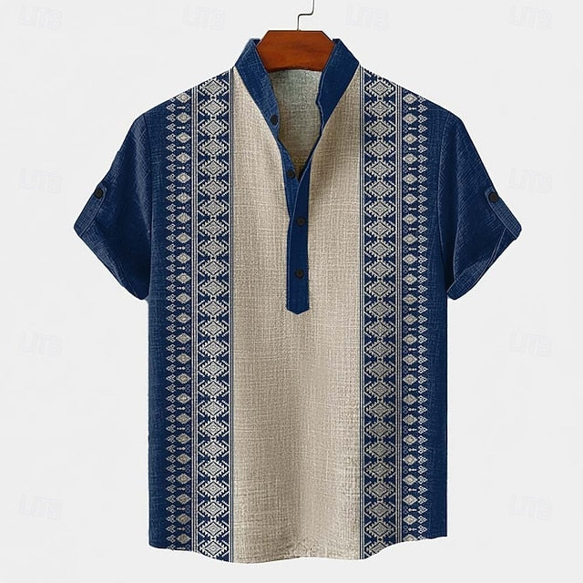 Leon | Men's Ethnic Print Stand Collar Short Sleeve Shirt