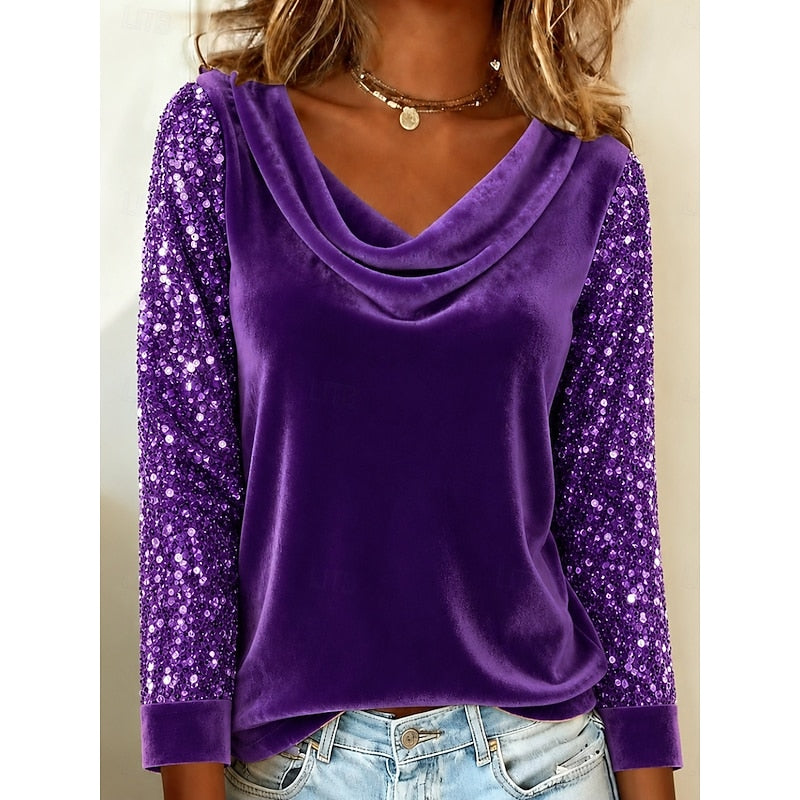 Corinne | Shimmer-Sleeve Cowl Neck Top