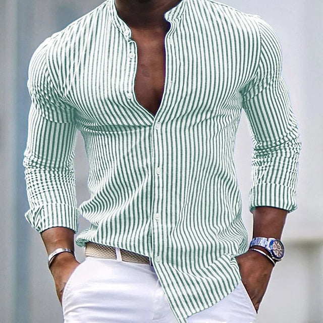 Wade | Men's Band Collar Striped Long Sleeve Shirt