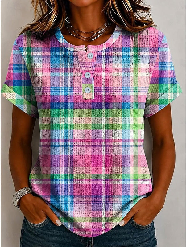 Melanie | Checked Button-Neck T-Shirt