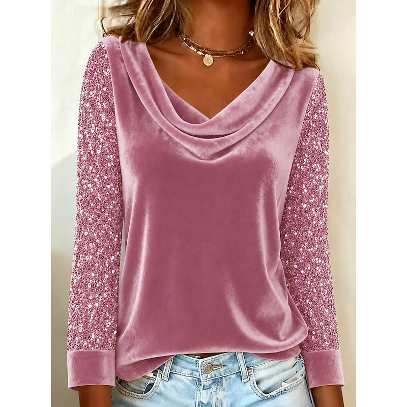 Corinne | Shimmer-Sleeve Cowl Neck Top